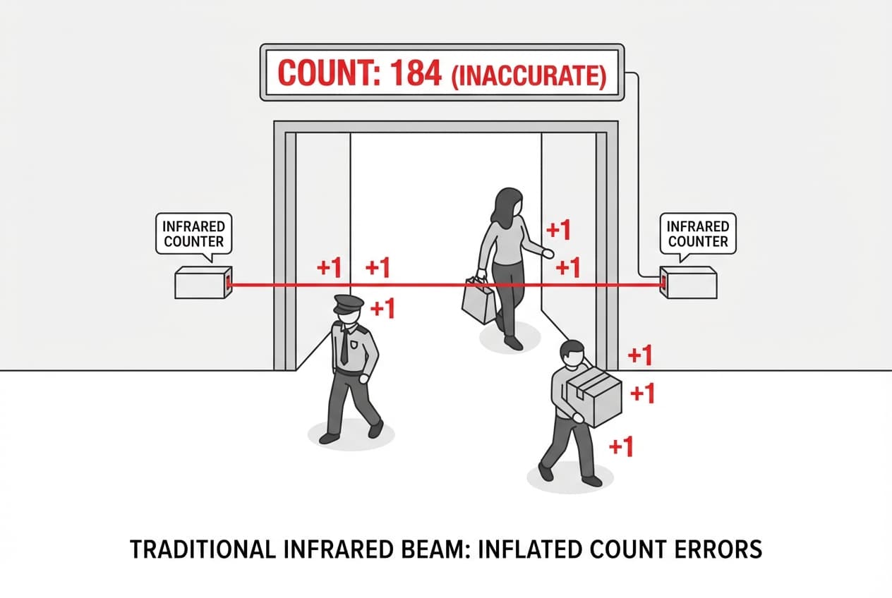 Traditional people counter: a beam trigger counts every crossing, inflating the real number