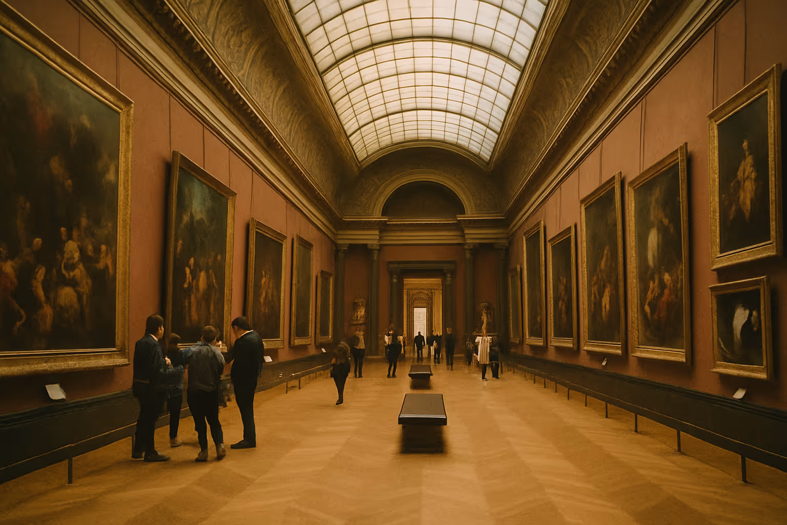 People viewing paintings in a grand art gallery with high arched ceiling and red walls.