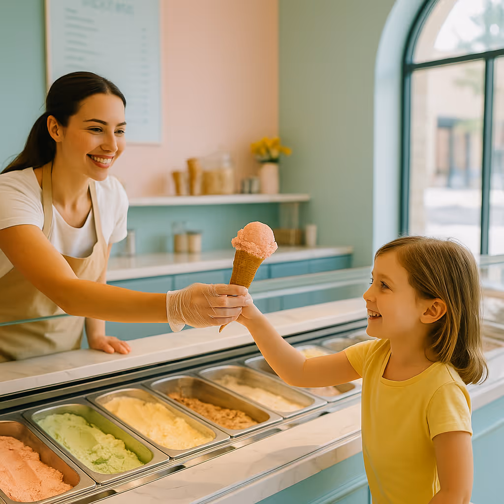 A woman and a little girl standing in front of a counter.
