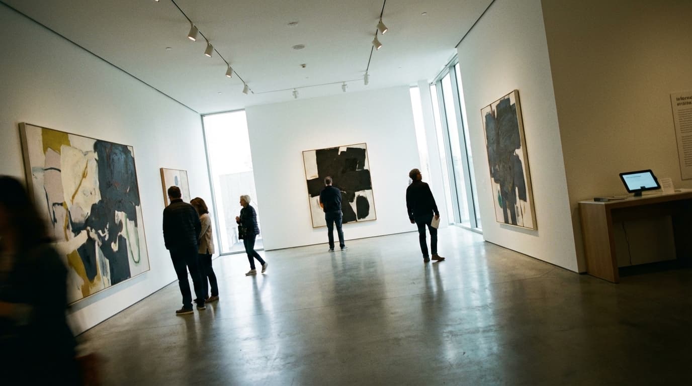 People viewing large abstract paintings in a modern art gallery.