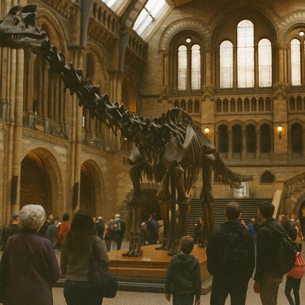 A group of people standing in front of a dinosaur skeleton.