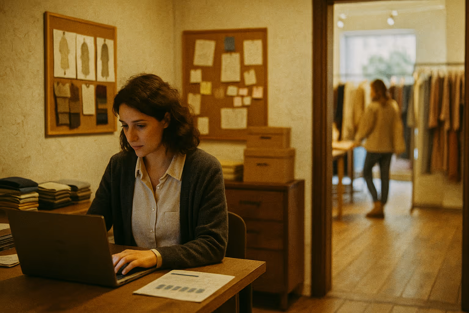 A woman sitting at a desk using a laptop computer.