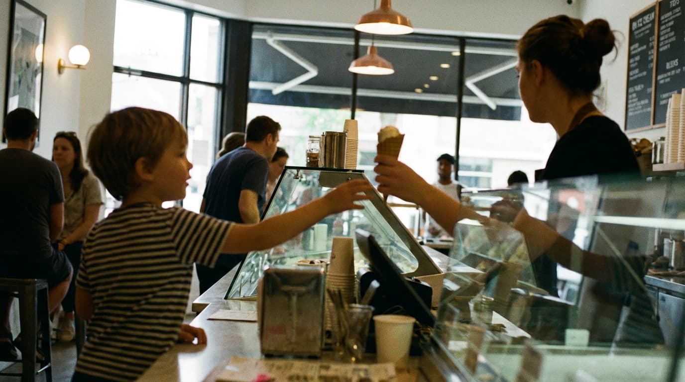 A woman serving ice cream to a little girl.