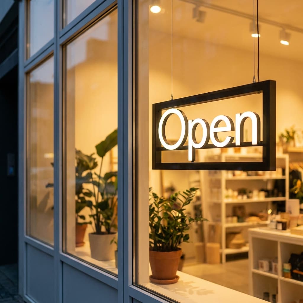 A woman holding a sign that says open