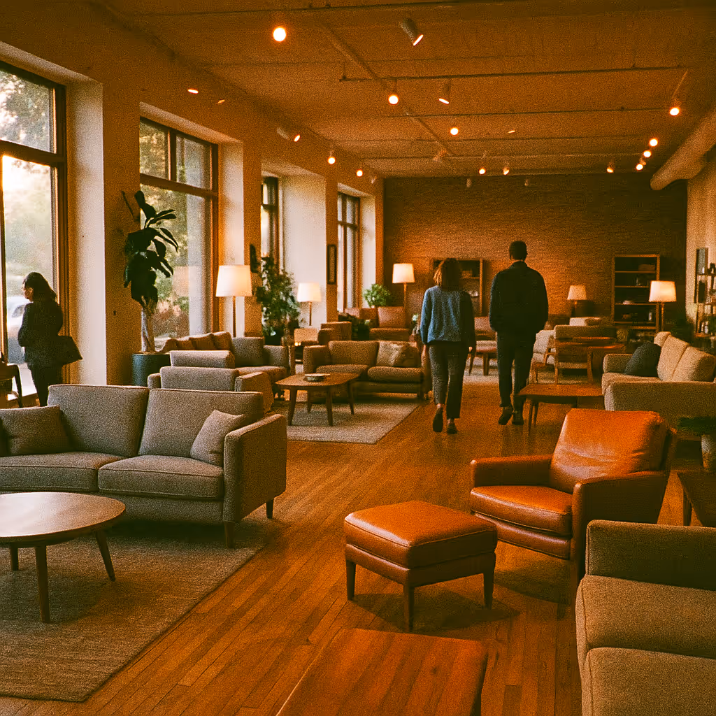 People walking through a modern furniture showroom.