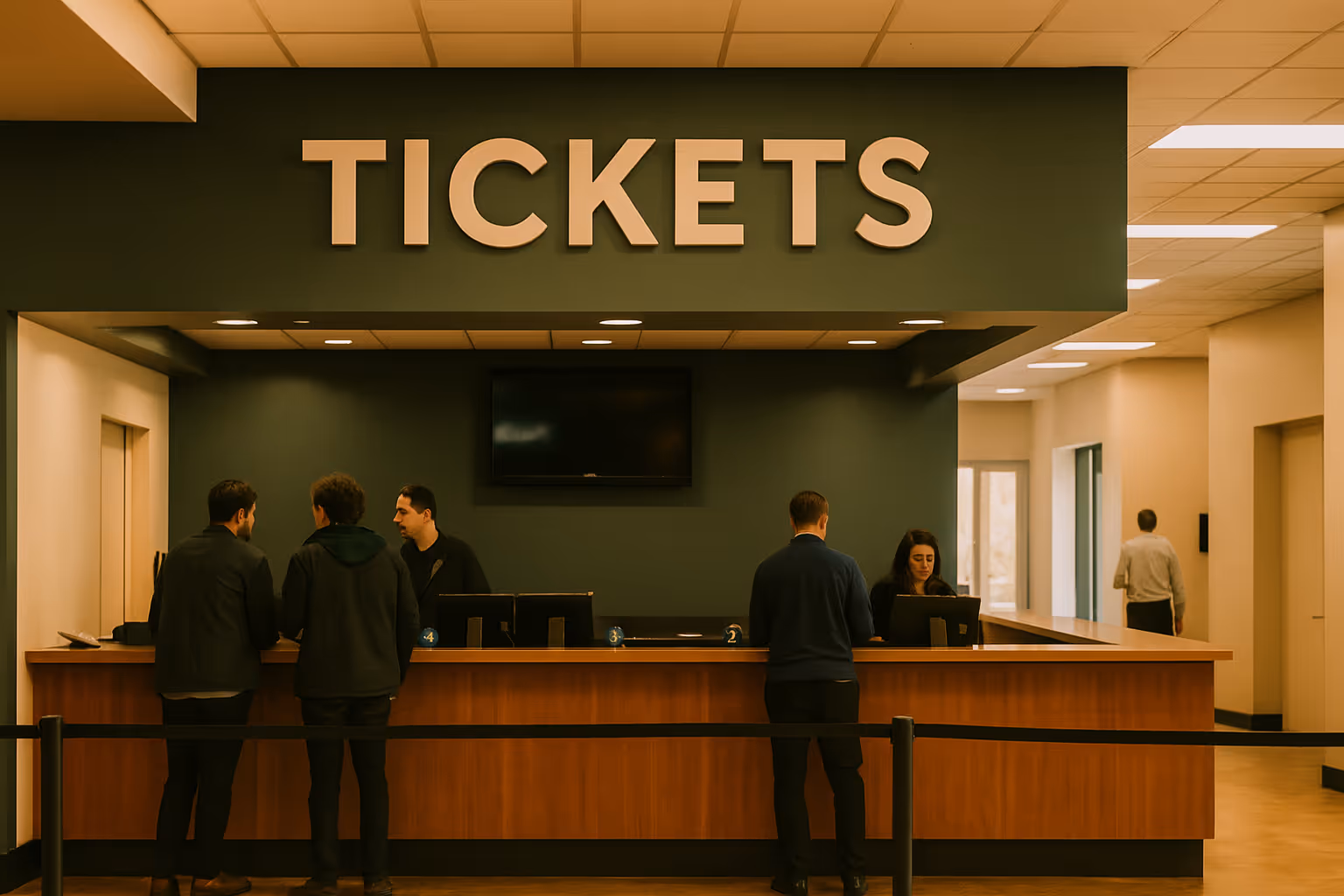 People standing at a ticket counter inside a building.