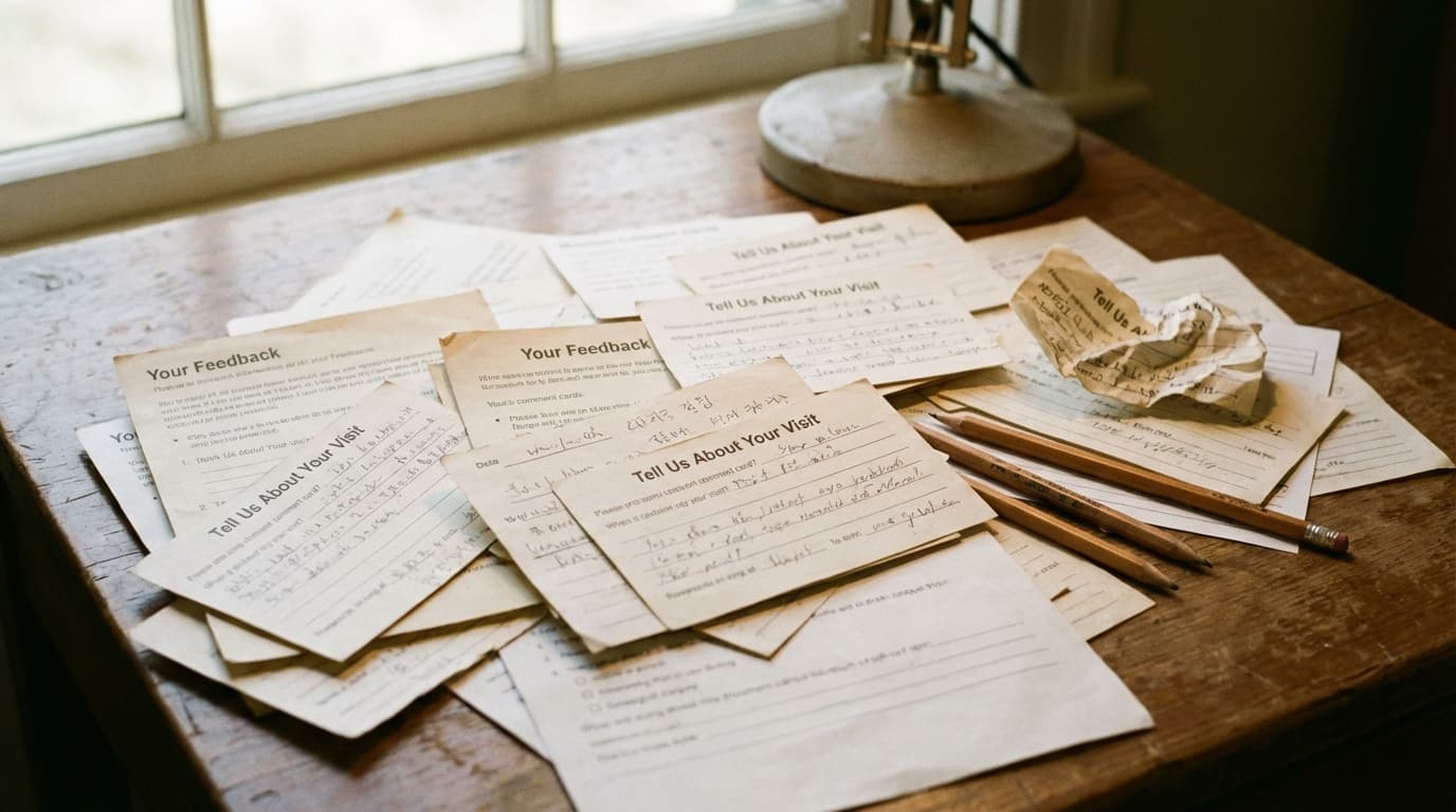Scattered handwritten museum comment cards and feedback forms on a wooden desk